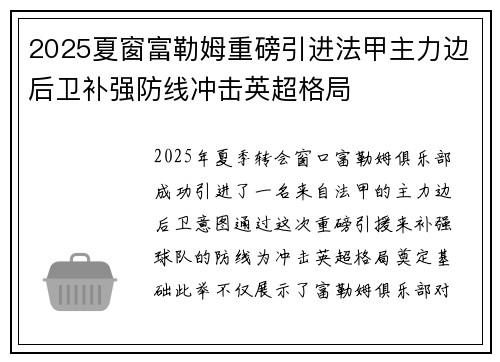 2025夏窗富勒姆重磅引进法甲主力边后卫补强防线冲击英超格局 2025夏窗富勒姆重磅引进法甲主力边后卫补强防线冲击英超格局